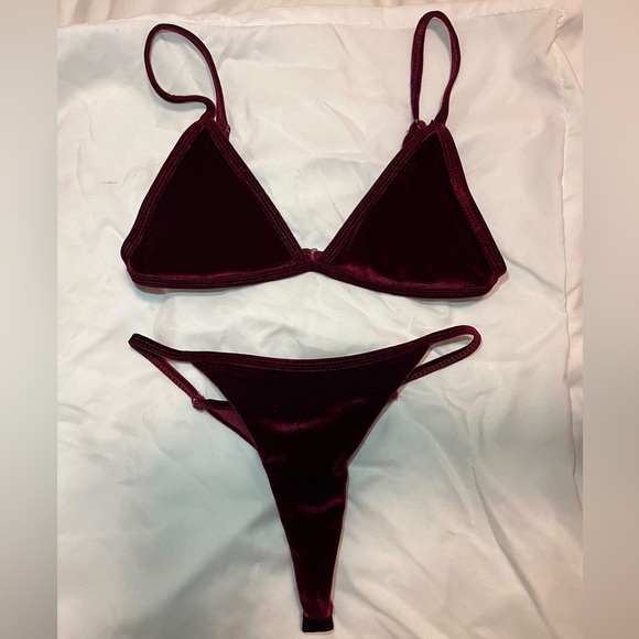 Cami Velvet String Thong Bikini Set - Burgundy - Picture 5 of 10